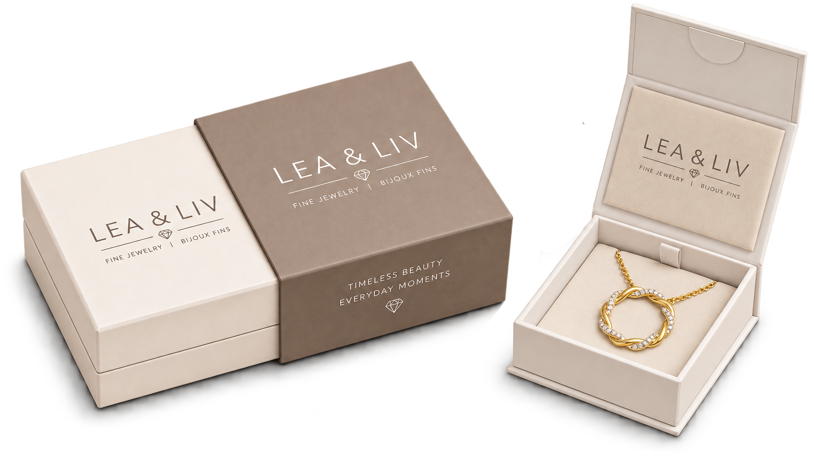Emballage et écrins de bijoux de marque LEA & LIV inclus avec le présentoir